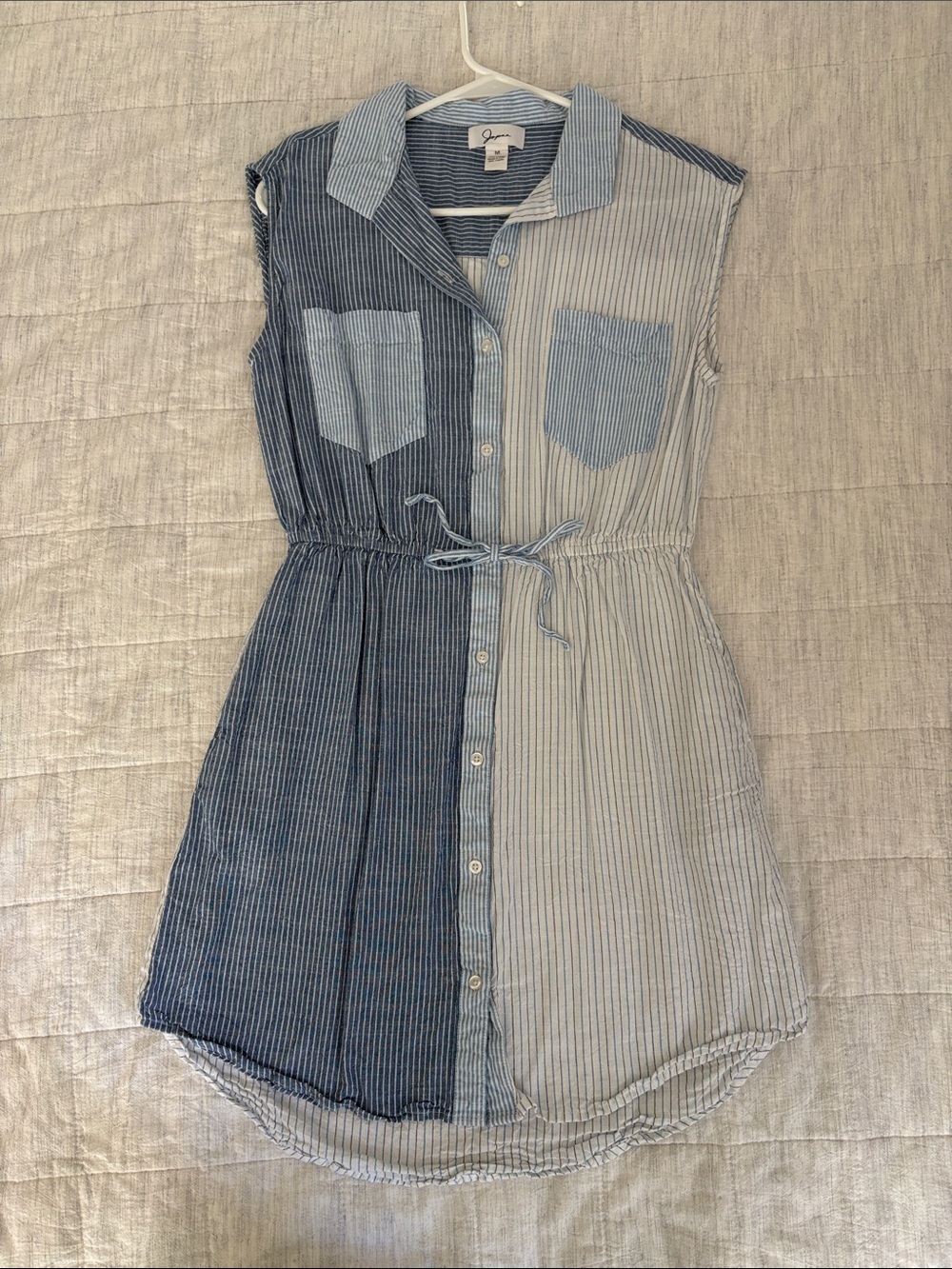 Two-Tone Blue Striped Sleeveless Midi Shirt Dress